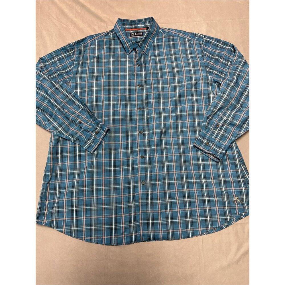 Chaps Blue Plaid Long Sleeve Casual Button Down Men's size 3XL Nylon/Polyester